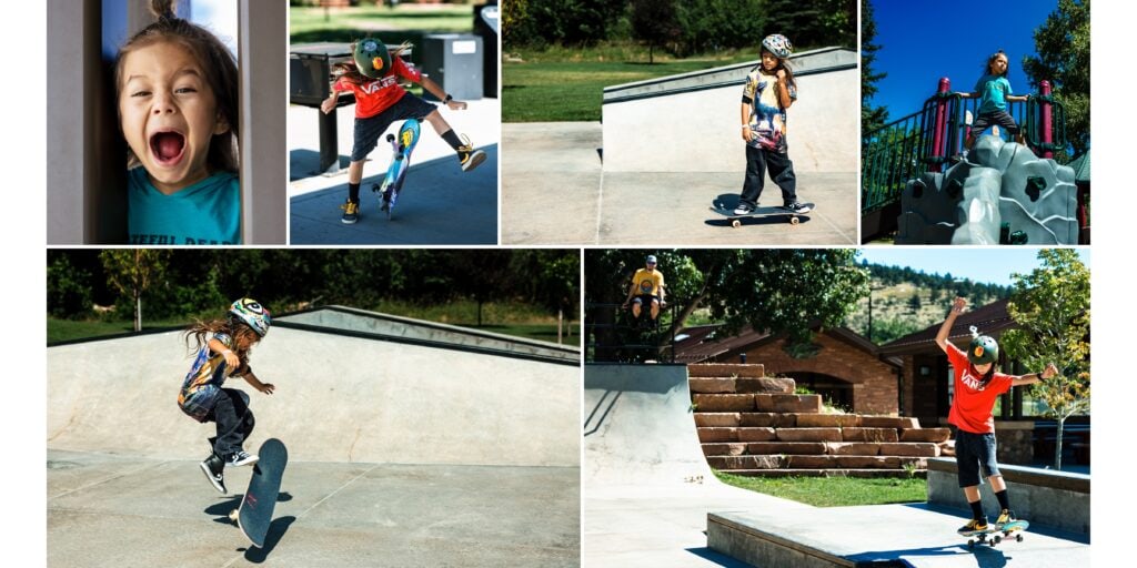 Kids skateboarding collage with Boulder Photography Services capturing tricks, laughter, and sunny skatepark action.