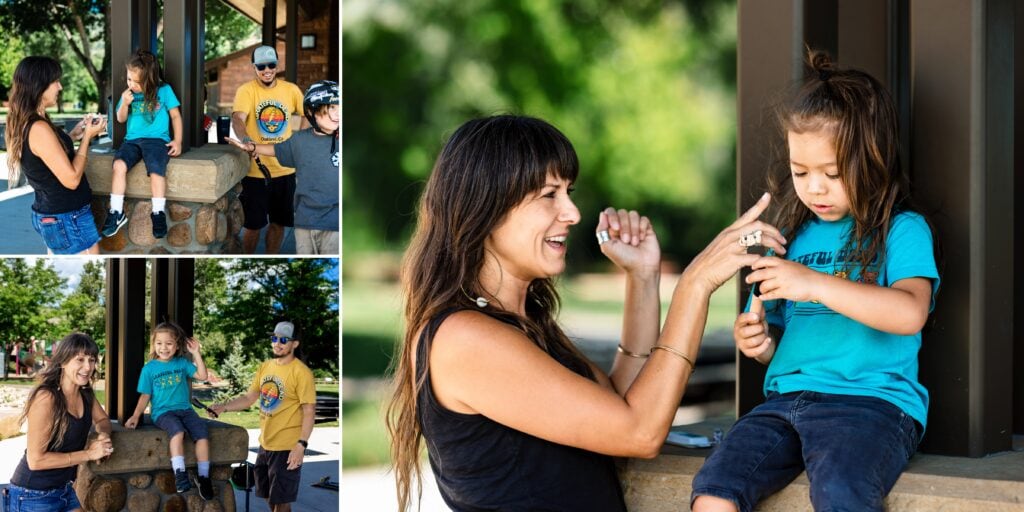 Photography Services capturing family porch moments with adults caring for a child outdoors