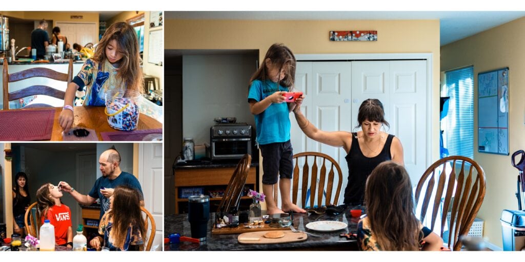 Photography Services capturing candid family mealtime around a busy home dining table.