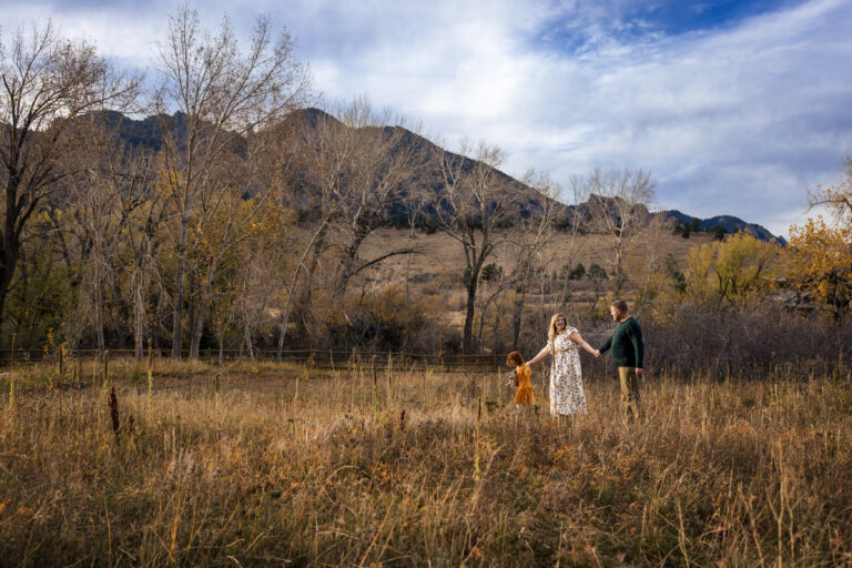 Mini Session at South Mesa Trailhead with couple, dog, and golden autumn grass
